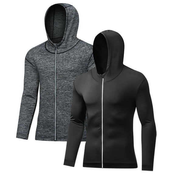 BUYJYA 2 Piece Men's Compression Workout Set Jacket Clothing Gym Tight Fit Zipper Hoodie Casual Running Quick Dry Top,Size S-3XL