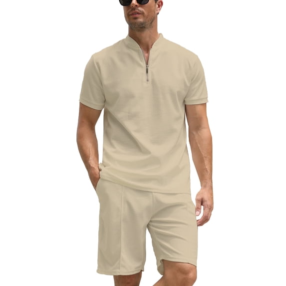 BUYJYA 2 Pieces Men's Tracksuit Casual Quarter Zip Shirt and Shorts Set for Beach Strolls Tennis Golf