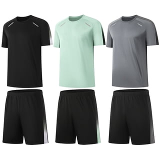 BUYJYA 3 Pack Men's Workout Set Clothes Shirt Shorts Set Gym Outfits for Running Basketball Athletic