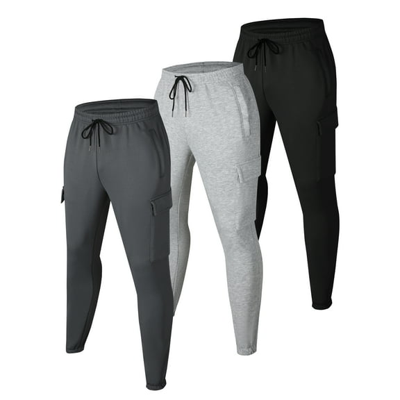 BUYJYA 3 Piece Men's Cargo Sweatpants Casual Jogging Workout Pants with 4 Pockets for Running Gym Hiking