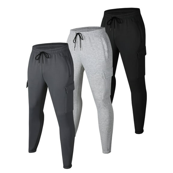 BUYJYA 3 Piece Men's Cargo Sweatpants Casual Jogging Workout Pants with 4 Pockets for Running Gym Hiking