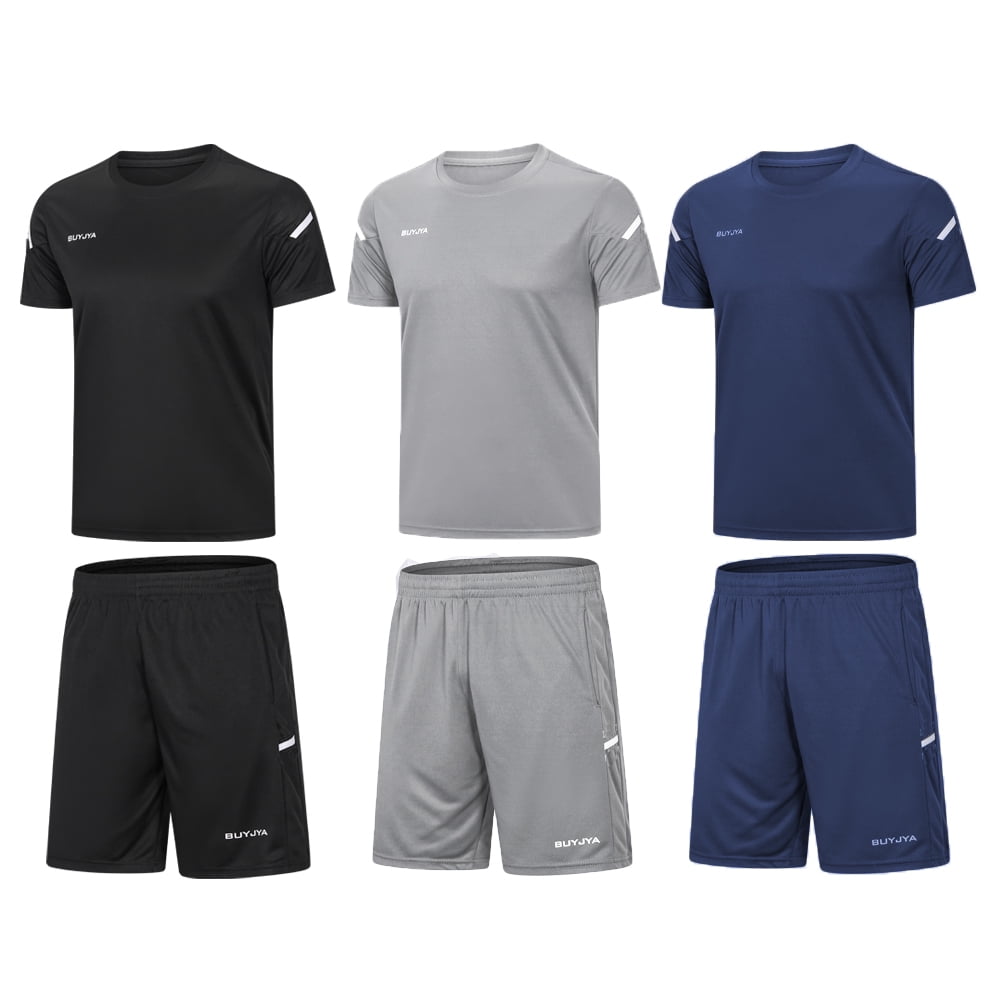 BUYJYA 3Pack Men's Workout Set Gym Clothes Active Shorts Shirt Set for Running Basketball Football and Daily Life,Size S-3XL