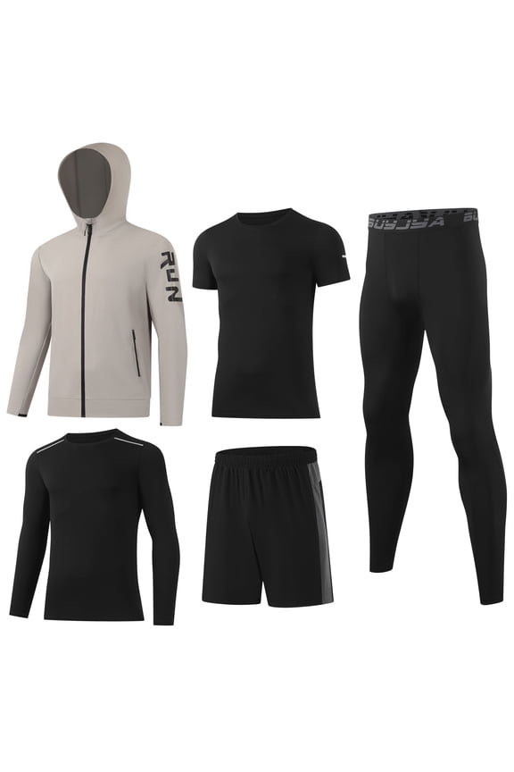 5P Men's Gym Clothes Sets T-Shirt Long Sleeve Athletic Short Running Jacket Workout Pants