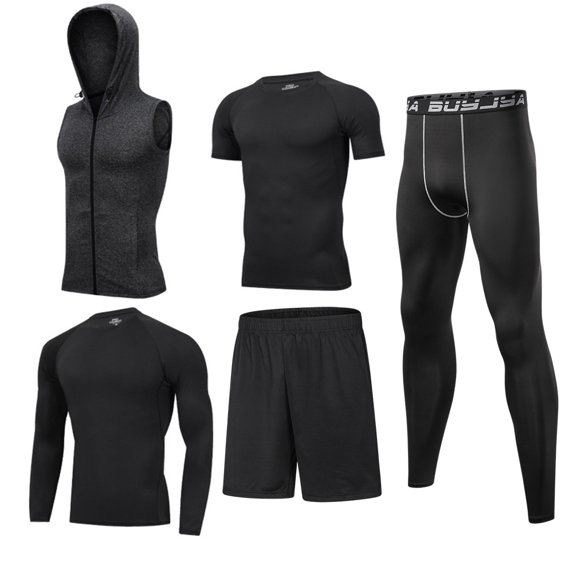 BUYJYA 5Pcs Men's Workout Set Gym Clothing Compression Leggings Shorts Shirt Long Sleeve Top for Running