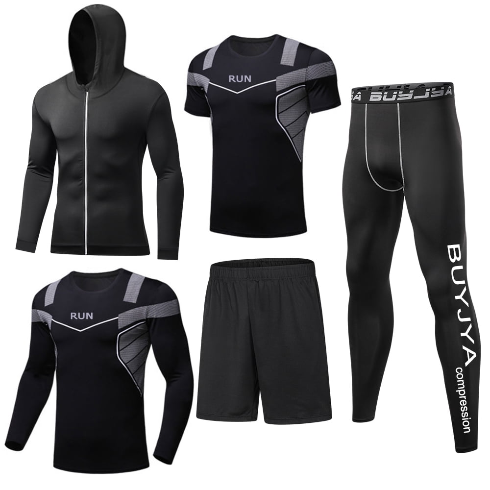 BUYJYA 5Pcs Men's Workout Set Gym Clothing Compression Leggings Shorts  Shirt Long Sleeve Top for Running 