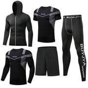 BUYJYA 5Pcs Men's Workout Set Gym Clothing Compression Leggings Shorts Shirt Long Sleeve Top for Running