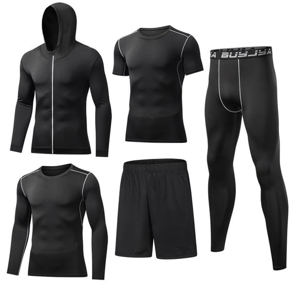 BUYJYA 5Pcs Men's Workout Set Gym Clothing Compression Leggings Shorts Shirt Long Sleeve Top for Running