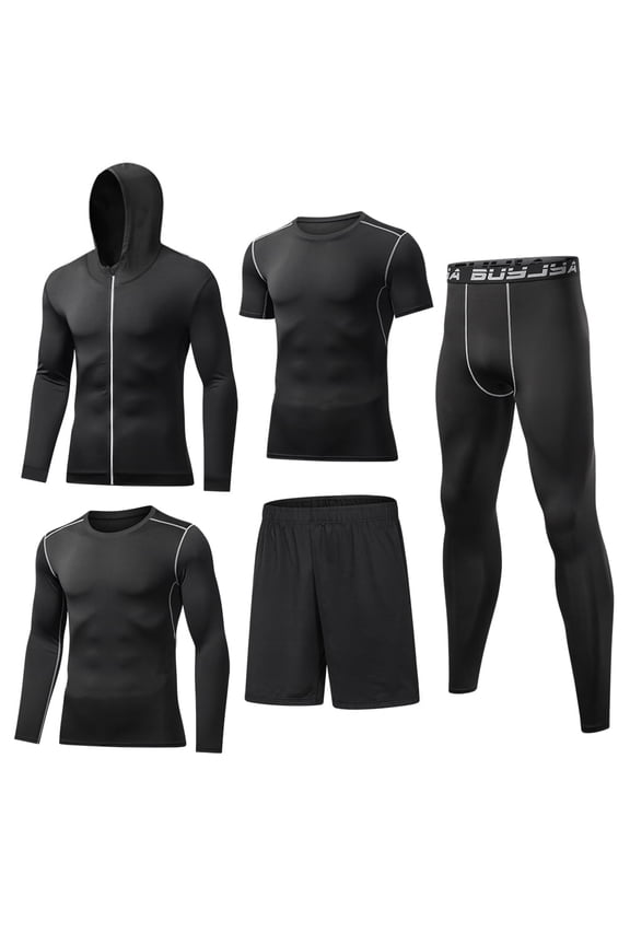 5Pcs Men's Workout Set Gym Clothing Compression Leggings Shorts Shirt Long Sleeve Top for Running