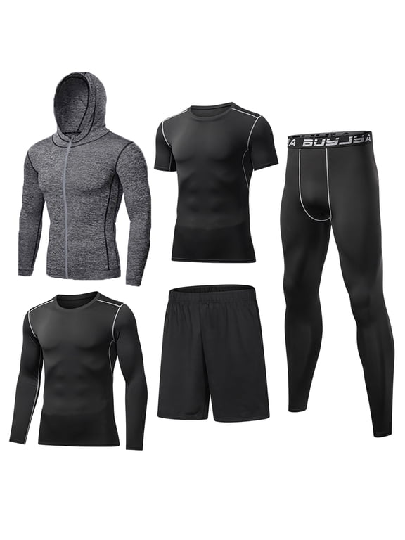 5Pcs Men's Workout Set Gym Clothing Compression Leggings Shorts Shirt Long Sleeve Top for Running