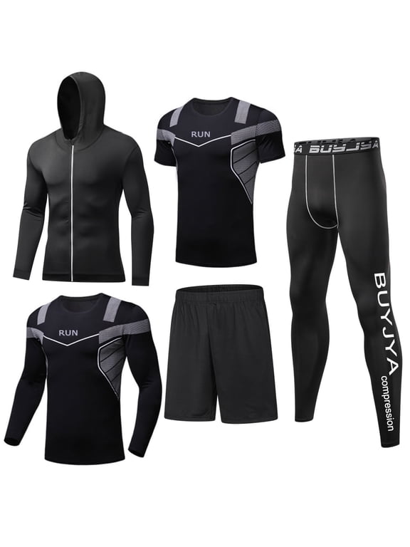 5Pcs Men's Workout Set Gym Clothing Compression Leggings Shorts Shirt Long Sleeve Top for Running