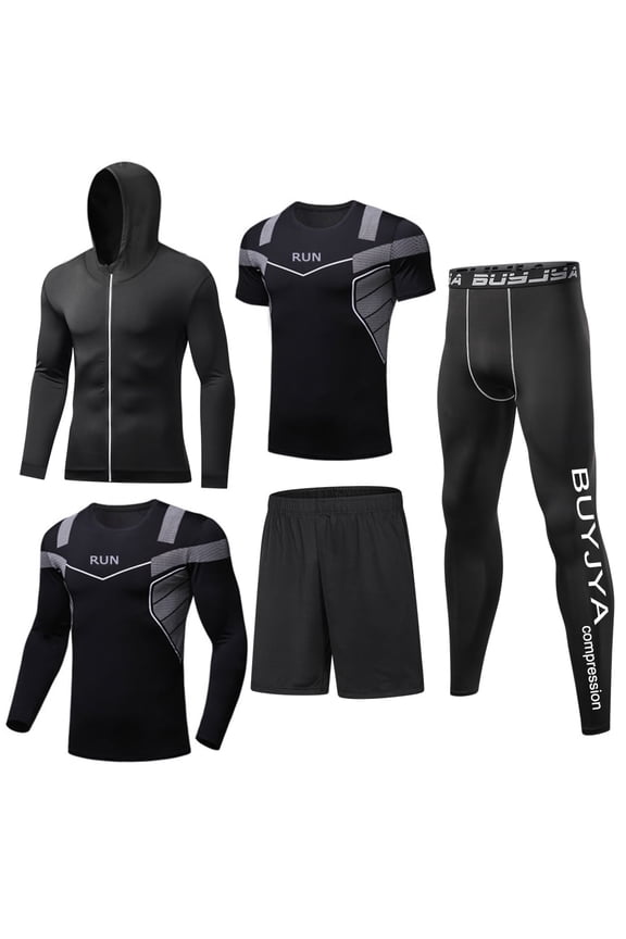 5Pcs Men's Workout Set Gym Clothing Compression Leggings Shorts Shirt Long Sleeve Top for Running