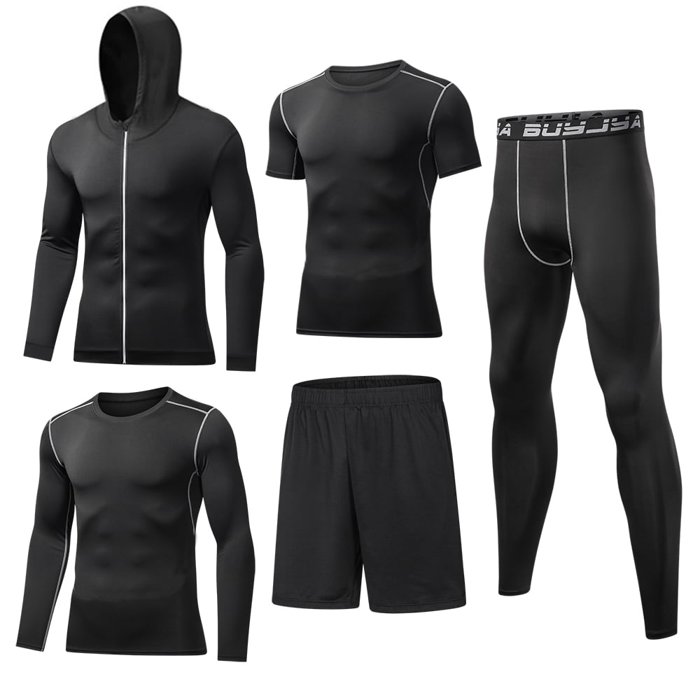 BUYJYA 5Pcs Men's Workout Set Gym Clothing Compression Leggings Shorts  Shirt Long Sleeve Top for Running