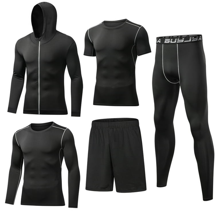BUYJYA 5Pcs Men's Workout Set Gym Clothing Compression Leggings
