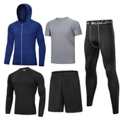 BUYJYA 5Pcs Mens Workout Set Gym Clothing Compression Leggings Shorts Shirt Long Sleeve Top for Running