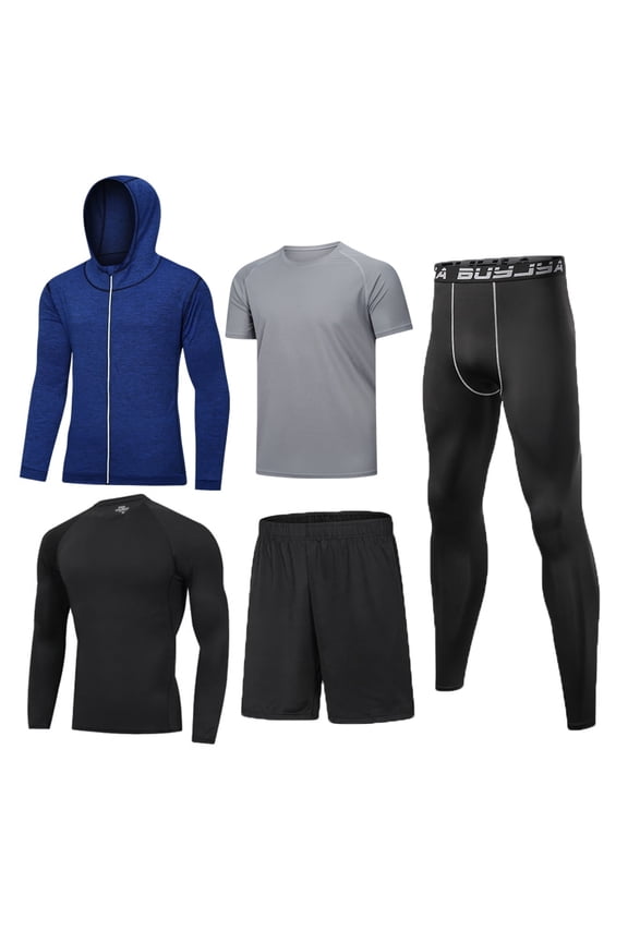 5Pcs Men's Workout Set Gym Clothing Compression Leggings Shorts Shirt Long Sleeve Top for Running