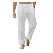 BUYJYA Mens Drawstring Linen Pants Casual Yoga Wedding Loose Fit Straight With Pockets,Size S-3XL