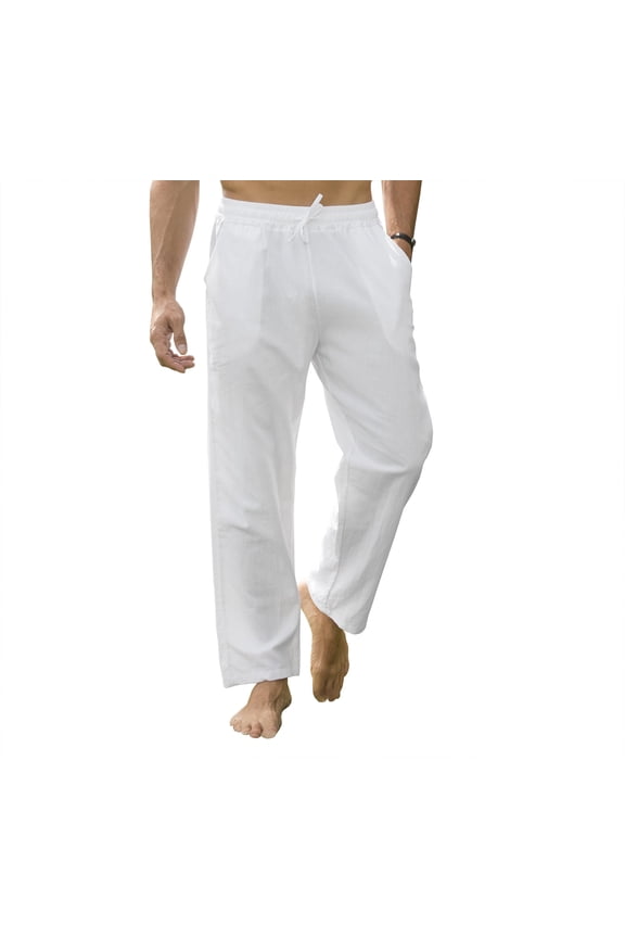 Men's Drawstring Linen Pants Casual Yoga Wedding Loose Fit Straight With Pockets,Size S-3XL