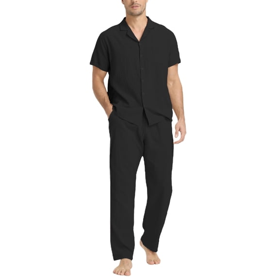 BUYJYA Men's Linen Shirt Pants 2 Pieces Outfits Short Sleeve Shirt Casual Yoga Pants Wedding Suits