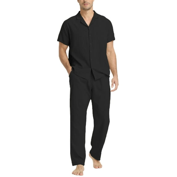 BUYJYA Men's Linen Shirt Pants 2 Pieces Outfits Short Sleeve Shirt Yoga Pants Beach Wedding Suits