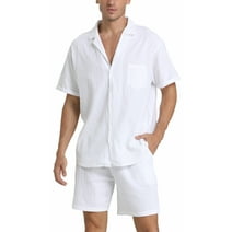 BUYJYA Men's Linen Shirt Short Sets 2 Pieces Beach Outfits Casual Button-Down