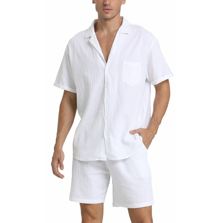 BUYJYA Men's Casual Linen Shirt and Shorts Set, Short Sleeve