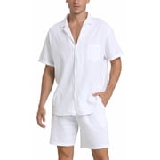 BUYJYA Men's Linen Shirt Short Sets 2 Pieces Outfits Casual Button-Down