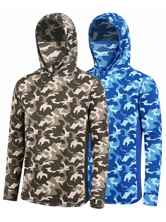 Men's UPF 50+ Camo Hooded with Separate Mask Long Sleeve Fishing Shirt for Athletic Swimming