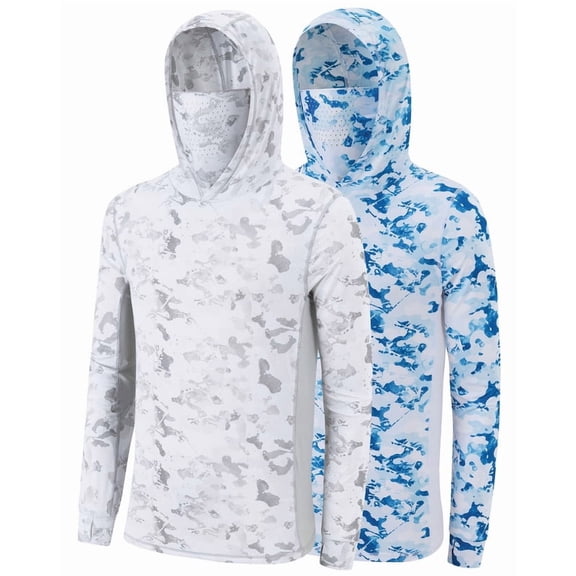 BUYJYA Men's UPF 50 Camo Hooded with Separate Mask Long Sleeve Fishing Shirt for Athletic Swimming