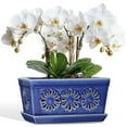 thumbnail image 1 of BUYMAX 10×5 inch Blue Floral Rectangle Ceramic Orchid Pot with Holes, Indoor Planter with Drainage and Saucer, Accommodates 2 Orchids, 1 of 8