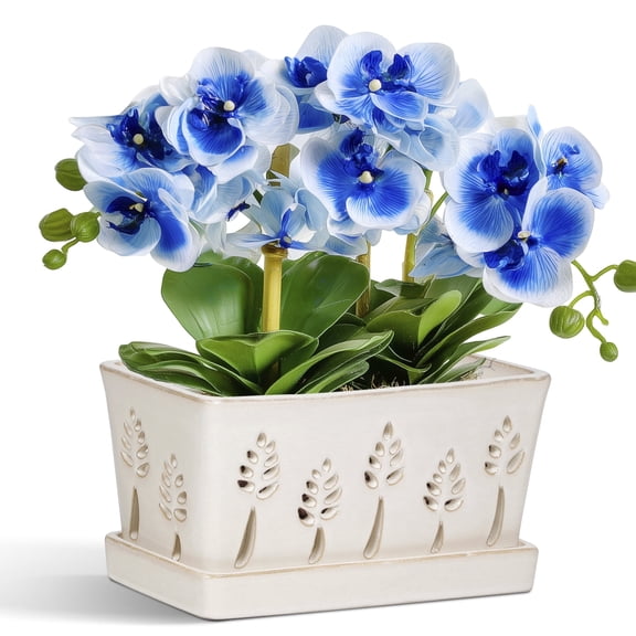 Ceramic orchid pot, 10 Inch rectangle orchid pots with holes & saucer , premium thickened Handmade Glazed Pot for Easy Repotting