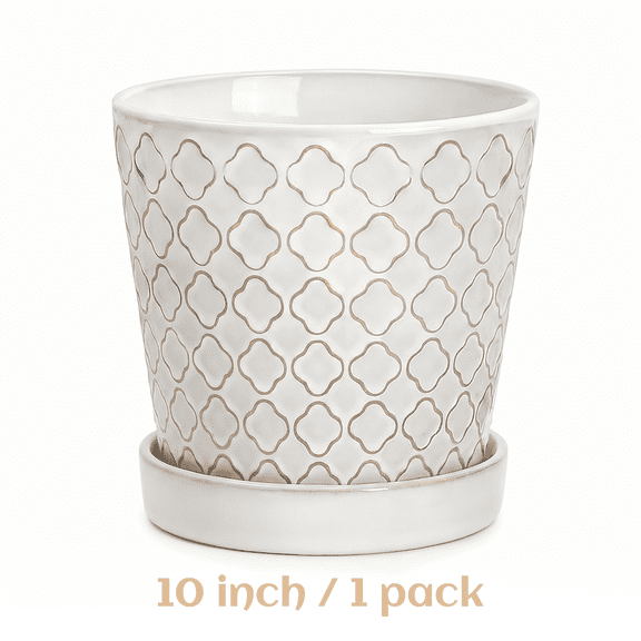 BUYMAX 10 inch Ceramic Planter with Saucer, White Flower Pot for Indoor Outdoor Plants, 1-Pack