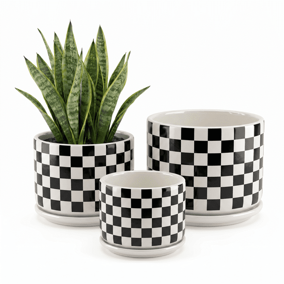 BUYMAX 4+5+6 inch Set of 3 Ceramic Planters, Black & White Checkerboard Flower Pots with Drainage Hole