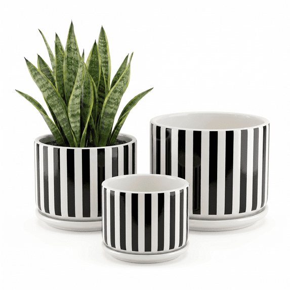 BUYMAX 4+5+6 inch Set of 3 Ceramic Planters, Black & White Vertical Stripes Pots with Drainage Hole