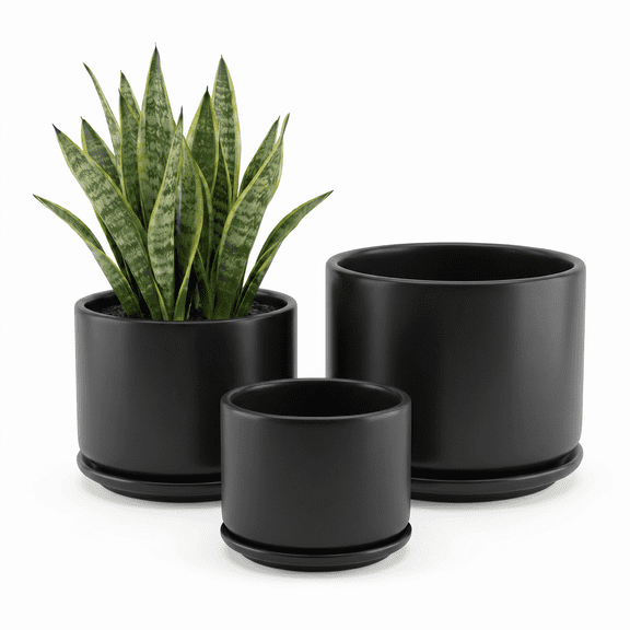 BUYMAX 4+5+6 inch Set of 3 Ceramic Planters, Matte Black Flower Pots with Drainage Hole and Tray
