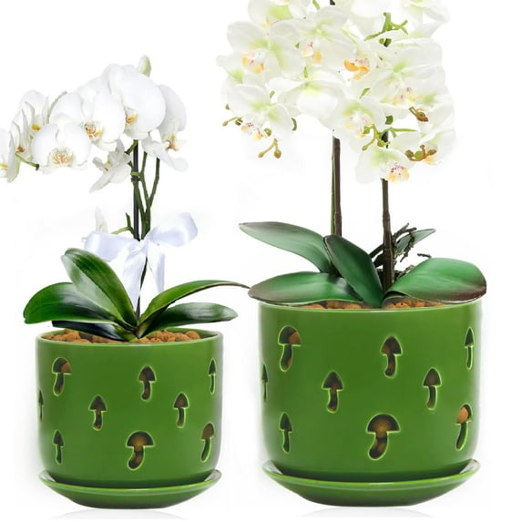 BUYMAX 5+6 inch Green Ceramic Orchid Pot with Holes, Mushroom Design Ceramic Planters for Indoor Outdoor Use