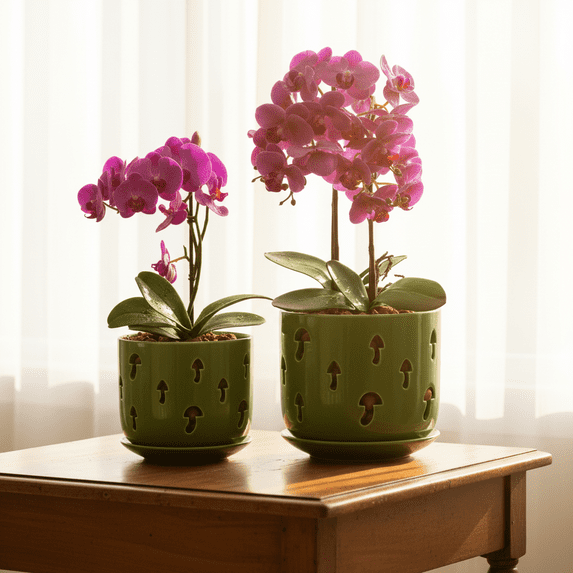BUYMAX 5+6 inch Green Ceramic Orchid Pot with Holes, Mushroom Design Ceramic Planters for Indoor Outdoor Use