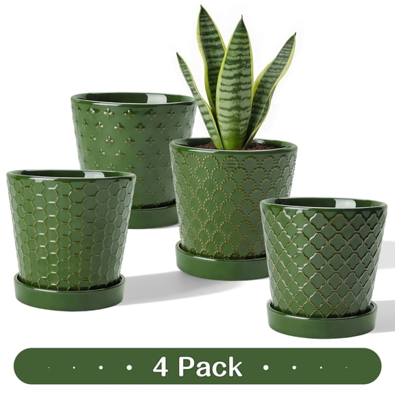 EFISPSS 5 inch Blackish Green Ceramic Plant Pots with Drainage Holes and Tray, 4-Pack Indoor Flower Pots for Herbs, Cactus, Home & Office Decor