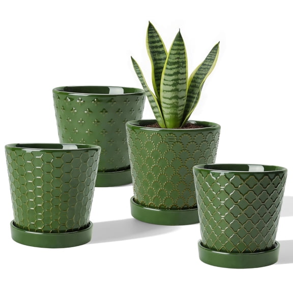EFISPSS 5 inch Blackish Green Ceramic Plant Pots with Drainage Holes and Tray, 4-Pack Indoor Flower Pots for Herbs, Cactus, Home & Office Decor