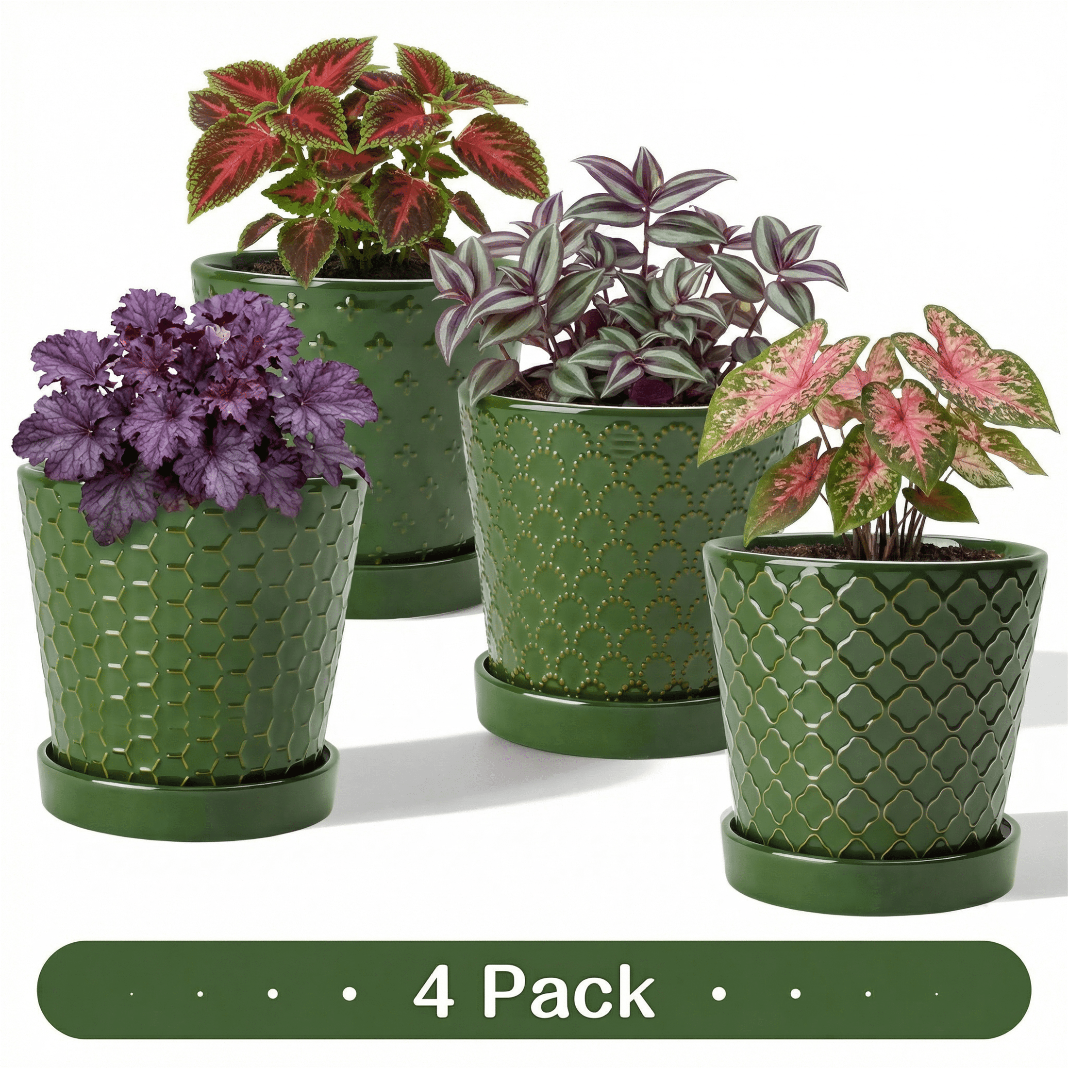EFISPSS 5 inch Blackish Green Ceramic Plant Pots with Drainage Holes and Tray, 4-Pack Indoor Flower Pots for Herbs, Cactus, Home & Office Decor