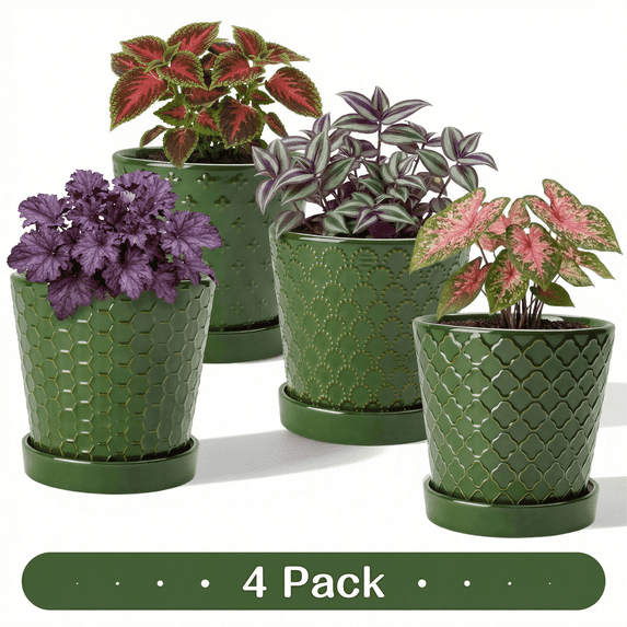 EFISPSS 5 inch Blackish Green Ceramic Plant Pots with Drainage Holes and Tray, 4-Pack Indoor Flower Pots for Herbs, Cactus, Home & Office Decor