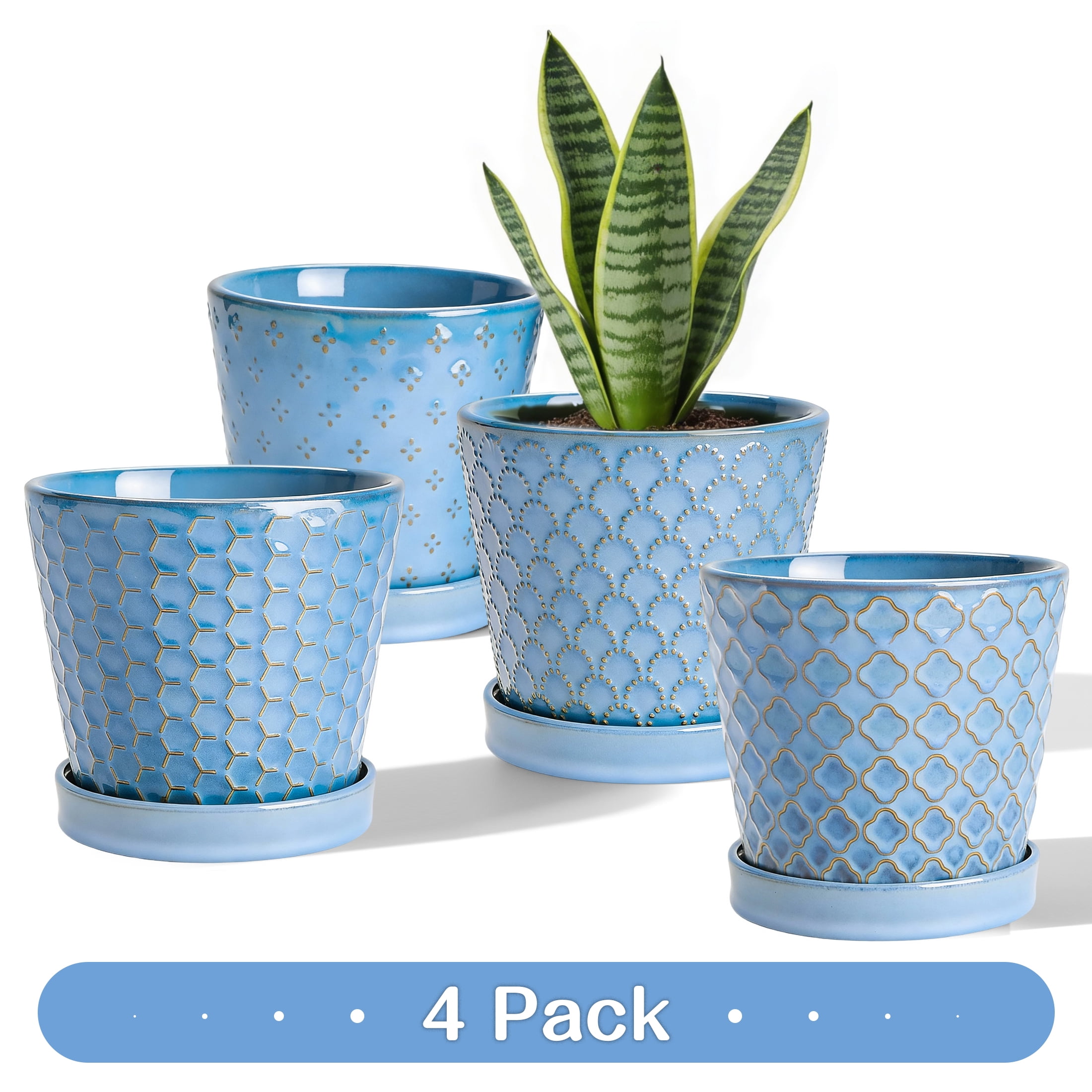 EFISPSS 5 inch Sky Blue Ceramic Plant Pots with Drainage Holes and Tray,4-Pack Indoor Flower Pots for Herbs, Cactus, Home & Office Decor