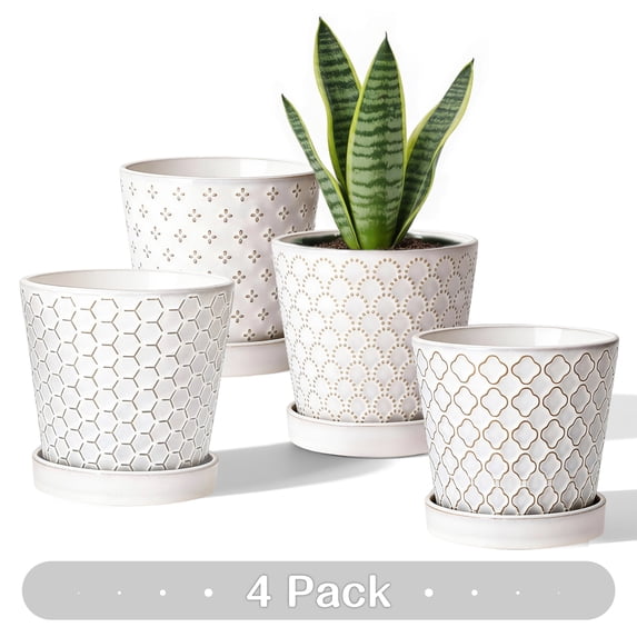 EFISPSS 5 inch White Ceramic Plant Pots with Drainage Holes and Tray, 4-Pack Indoor Flower Pots for Herbs, Cactus, Home & Office Decor