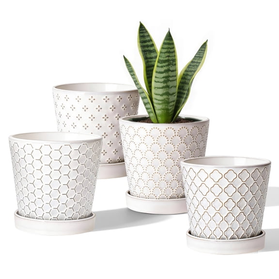 EFISPSS 5 inch White Ceramic Plant Pots with Drainage Holes and Tray, 4-Pack Indoor Flower Pots for Herbs, Cactus, Home & Office Decor