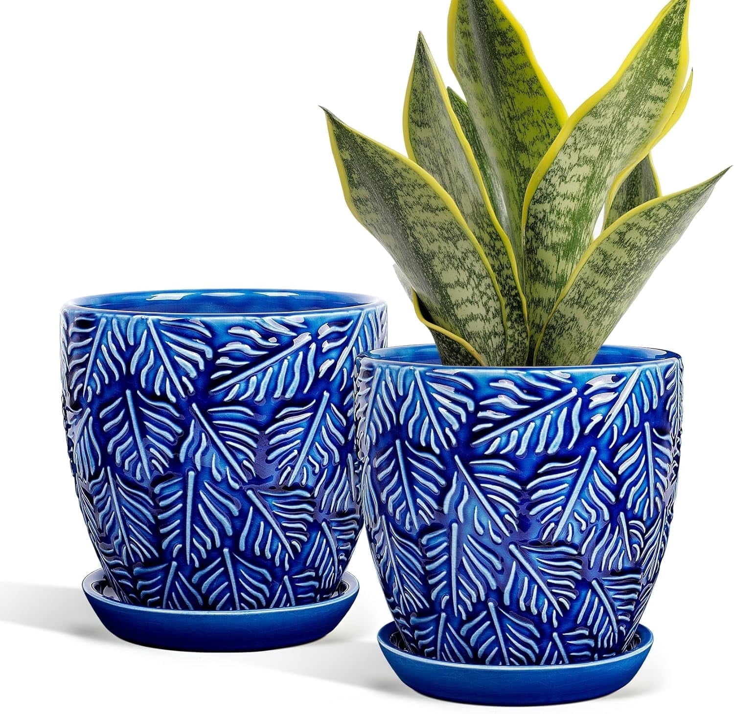 BUYMAX Ceramic Plant Pots, 6 inch Indoor Plant pots with Drainage Hole and Saucer, Flower Pots, Set of 2, Leaf Embossed - Blue Glaze