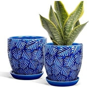 BUYMAX Ceramic Plant Pots, 6 inch Indoor Plant pots with Drainage Hole and Saucer, Flower Pots, Set of 2, Leaf Embossed - Blue Glaze