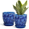 thumbnail image 1 of BUYMAX Ceramic Plant Pots, 6 inch Indoor Plant pots with Drainage Hole and Saucer, Flower Pots, Set of 2, Leaf Embossed - Blue Glaze, 1 of 6