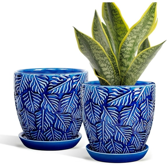 BUYMAX Ceramic Plant Pots, 6 inch Indoor Plant pots with Drainage Hole and Saucer, Flower Pots, Set of 2, Leaf Embossed - Blue Glaze