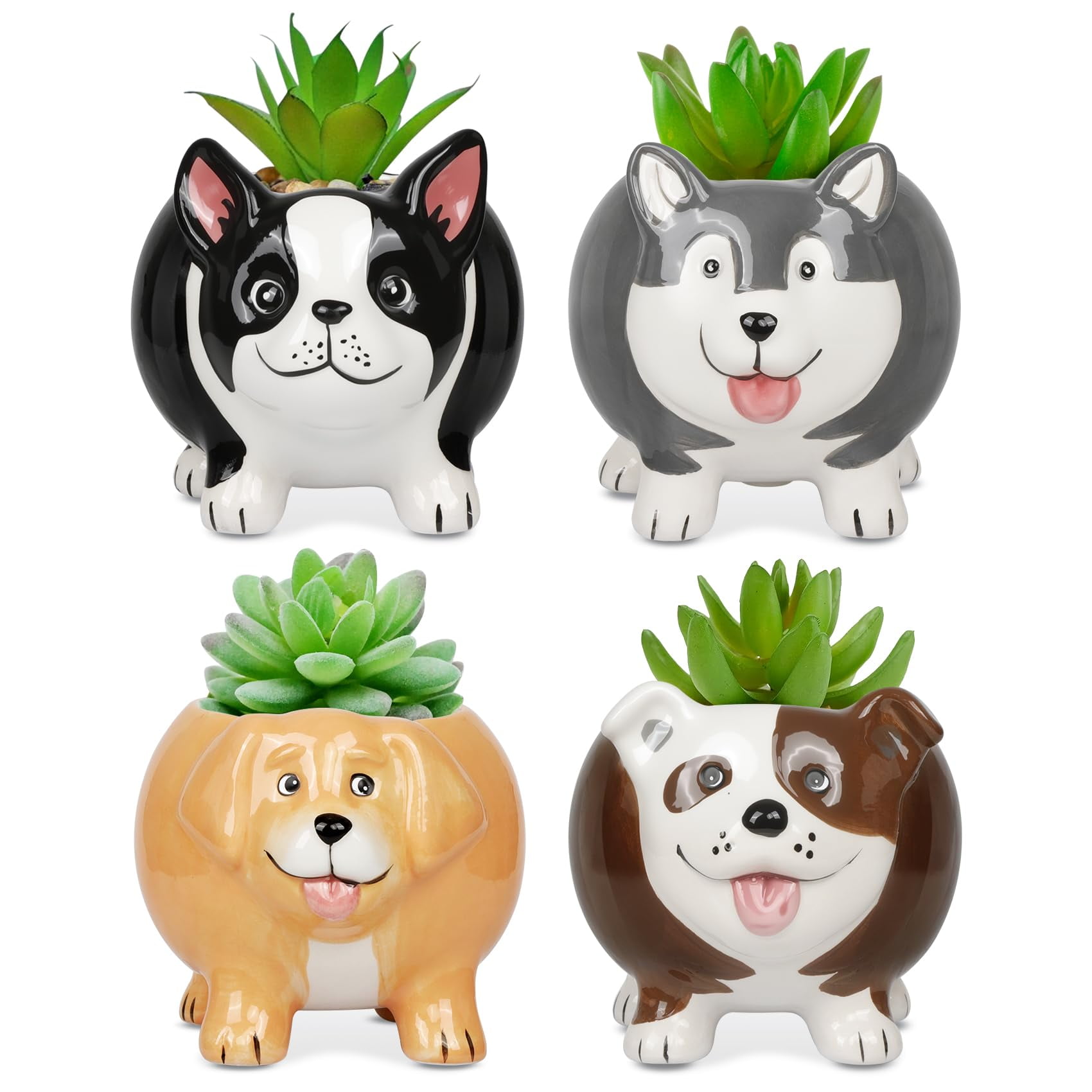 BUYMAX 4-Pack Ceramic Dog Planters, Mini Succulent Pots Gift for Dog Lovers