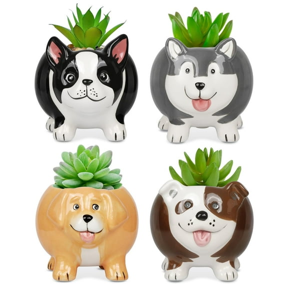 BUYMAX 4-Pack Ceramic Dog Planters, Mini Succulent Pots Gift for Dog Lovers