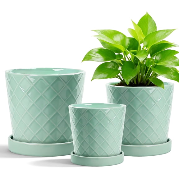 BUYMAX Ceramic Plant Pots, 4+5+6 Inch Pots for Indoor Plants, Flower Pots with Drainage Hole and Tray,Indoor/Outdoor Usage, Modern Style Garden Pots Set of 3 -Mint Green